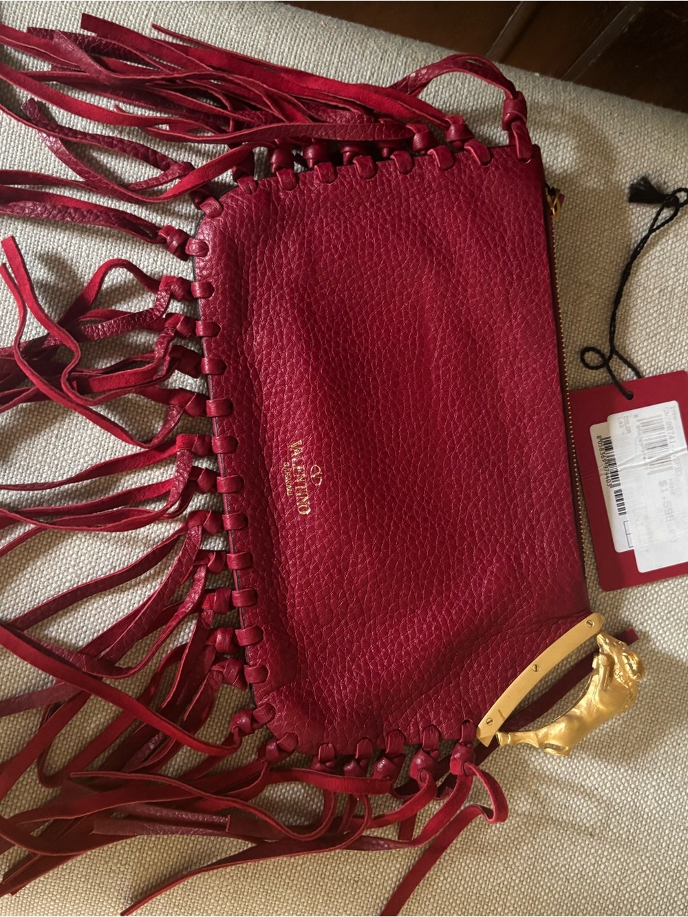 Valentino Red Leather Fringe Wristlet with Gold Accent
